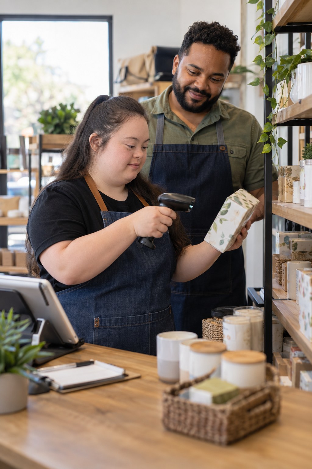 Adult learner practising inventory skills with an instructor