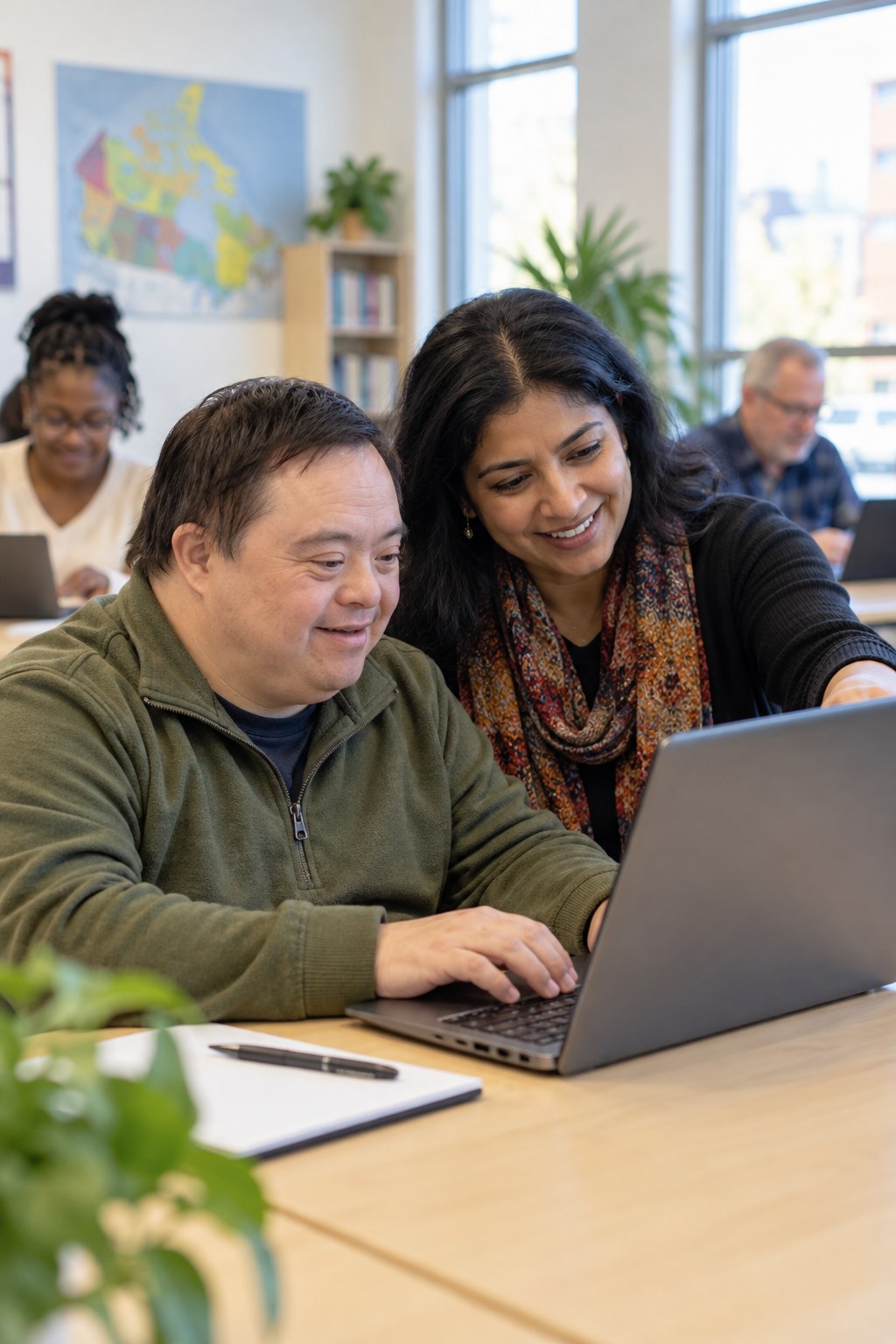 Adult learner practising computer skills with an instructor